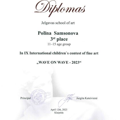 Diploms par 3.vietu Polīnai Samsonovai