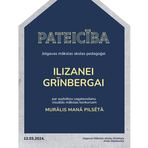 Pateicība par skolēnu sagatavošanu konkursam Ilizanei Grīnbergai